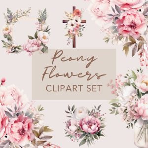 Set of 15 Peony Flowers Clipart