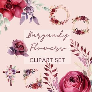 Set of 22 Burgundy Flowers Cliparts